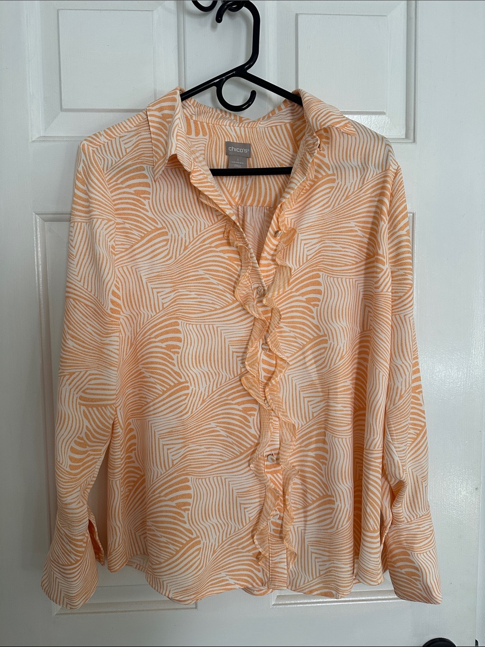 Chico's Peach and Cream Ruffle-Front Button Down Blouse